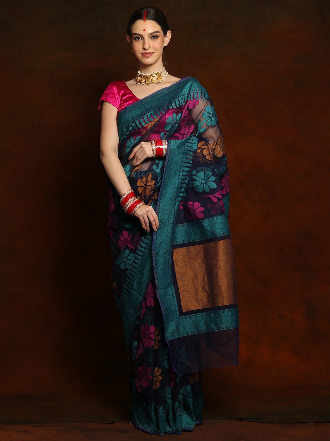 

Exotic India Woven Design Net Saree, Blue