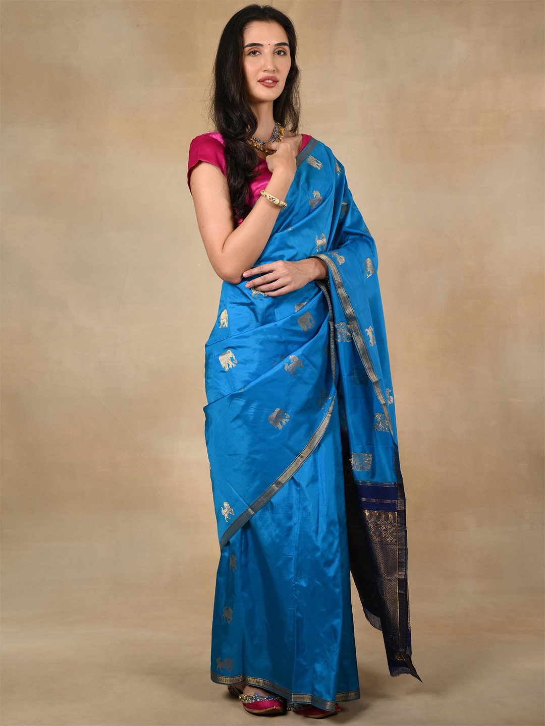 

Exotic India Ethnic Motifs Zari Pure Silk Banarasi Saree, Blue