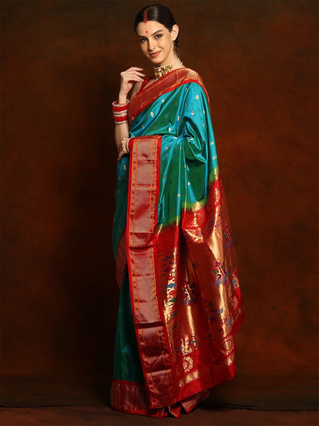 

Exotic India Ethnic Motifs Zari Pure Silk Paithani Saree, Blue
