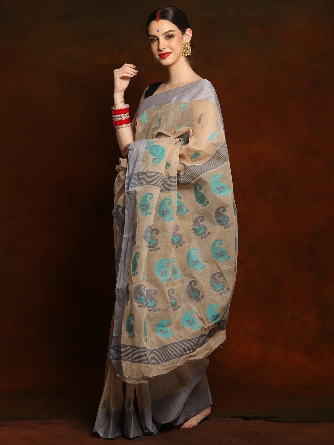 

Exotic India Woven Design Pure Cotton Jamdani Saree, Cream