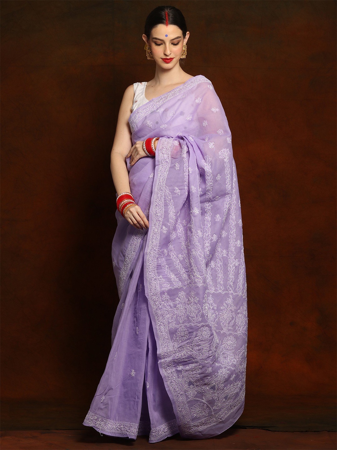 

Exotic India Ethnic Motifs Embroidered Pure Cotton Chanderi Saree, Purple