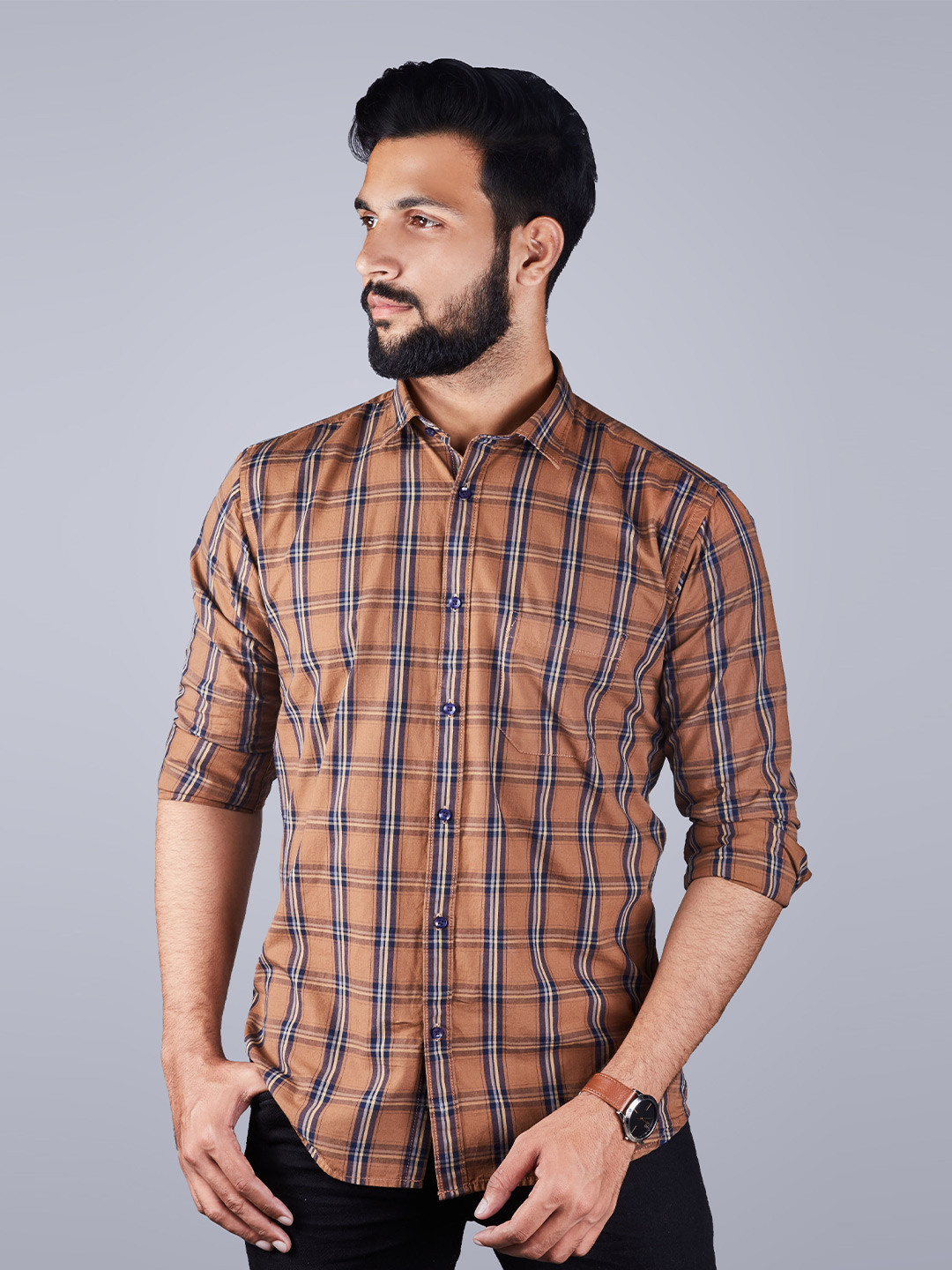 

INDIAN THREADS Checked Slim Fit Cotton Casual Shirt, Brown