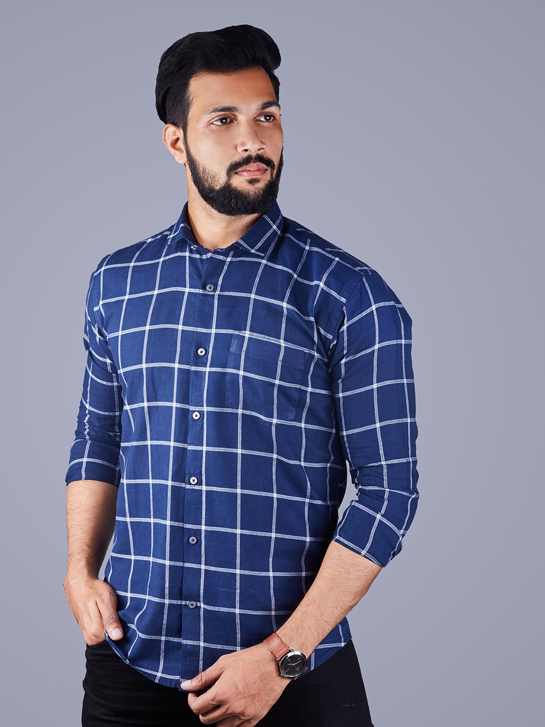 

INDIAN THREADS Windowpane Checks Checked Cotton Casual Shirt, Blue