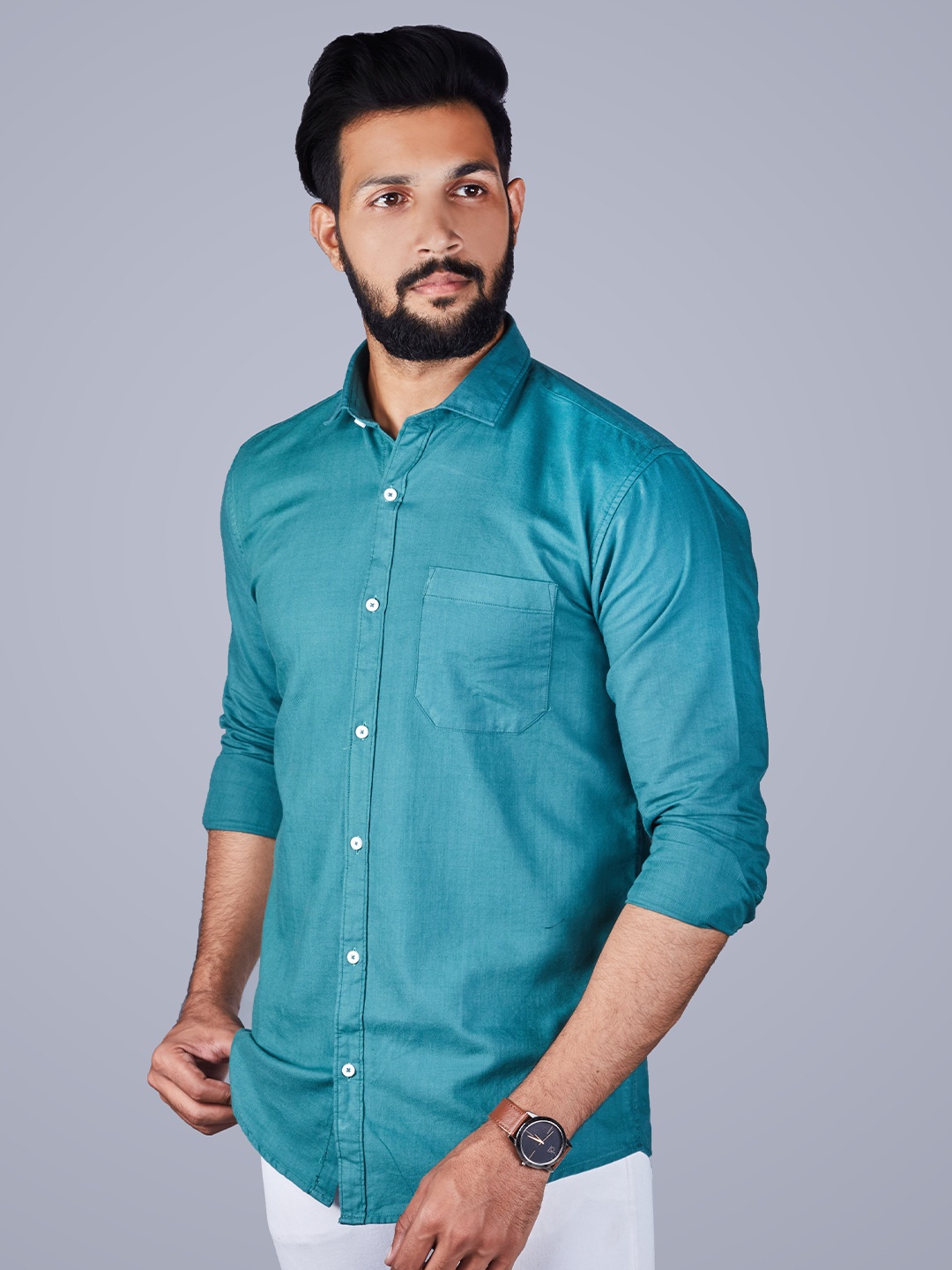 

INDIAN THREADS Spread Collar Slim Fit Cotton Casual Shirt, Blue