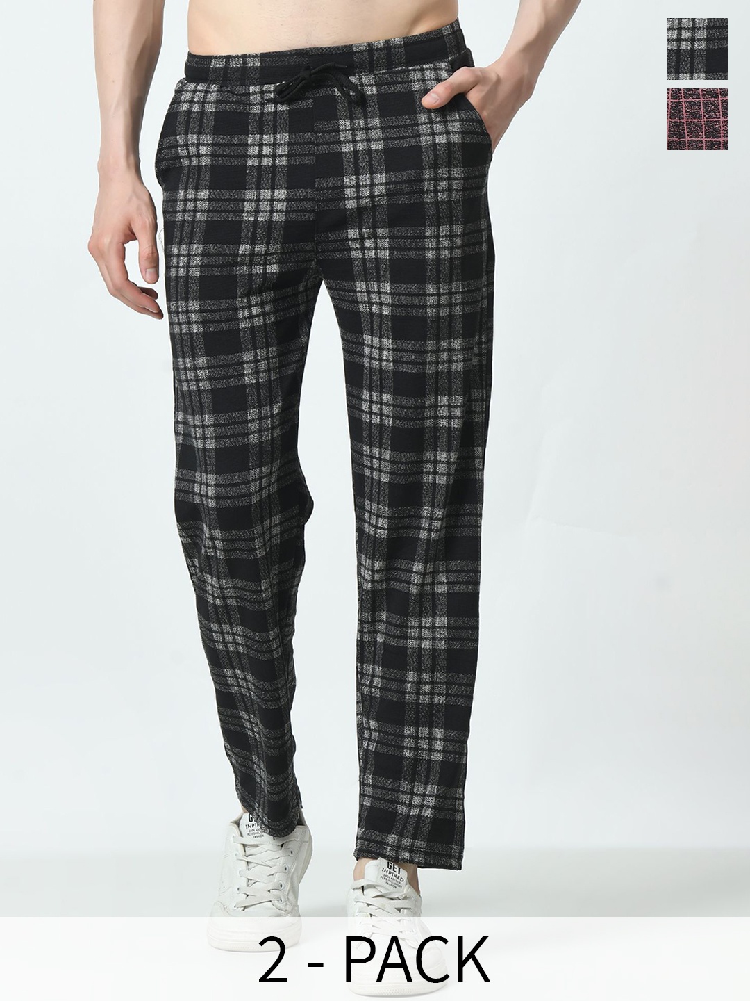 

BAESD Men Pack Of 2 Checked Track Pants, Black