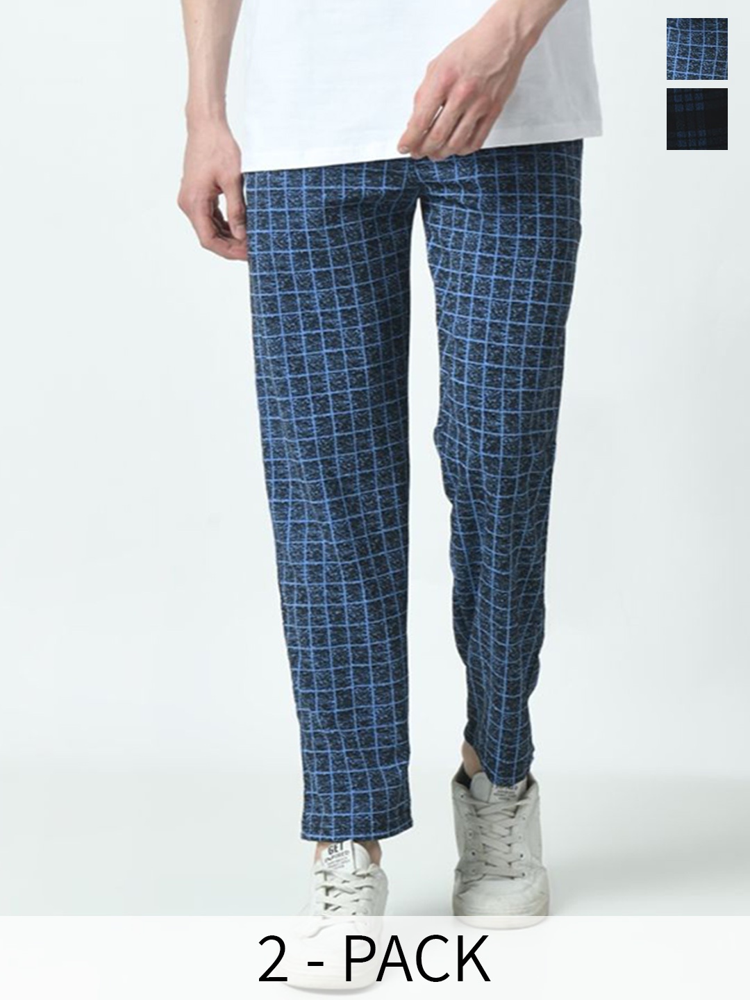 

BASED Mental Pack Of 2 Checked Mid Rise Track Pants, Navy blue