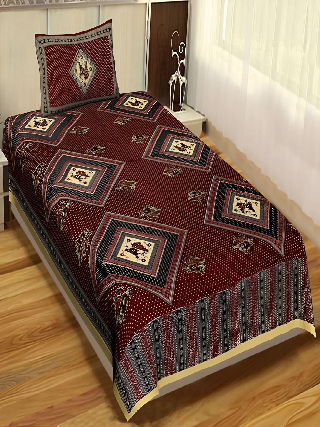 

Aura Maroon Ethnic Motifs 120 TC Pure Cotton Single Bedsheet With 2 Pillow Covers