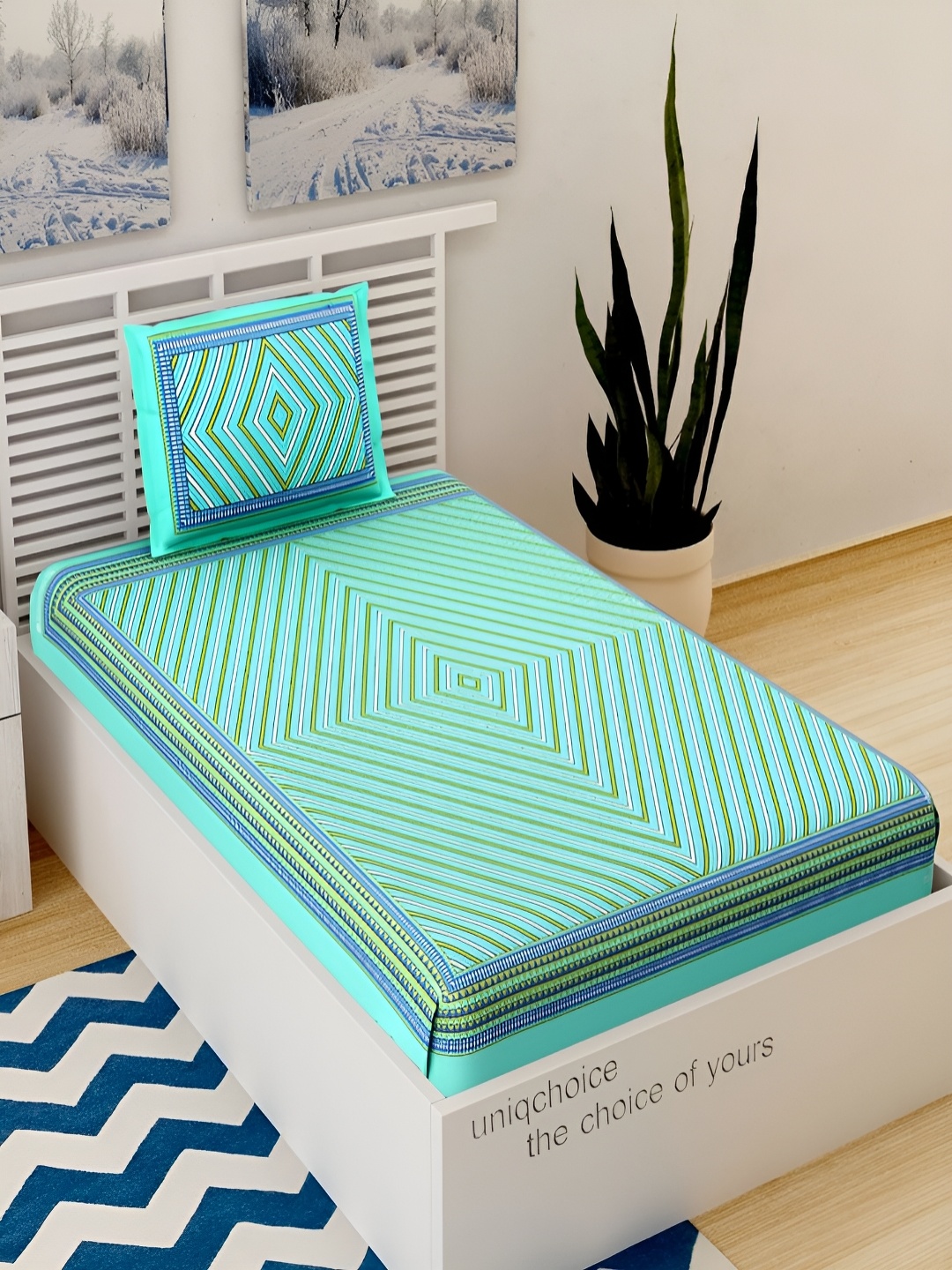 

Aura Turquoise Blue & Green Geometric 120 TC Pure Cotton Single Bedsheet & Pillow Cover