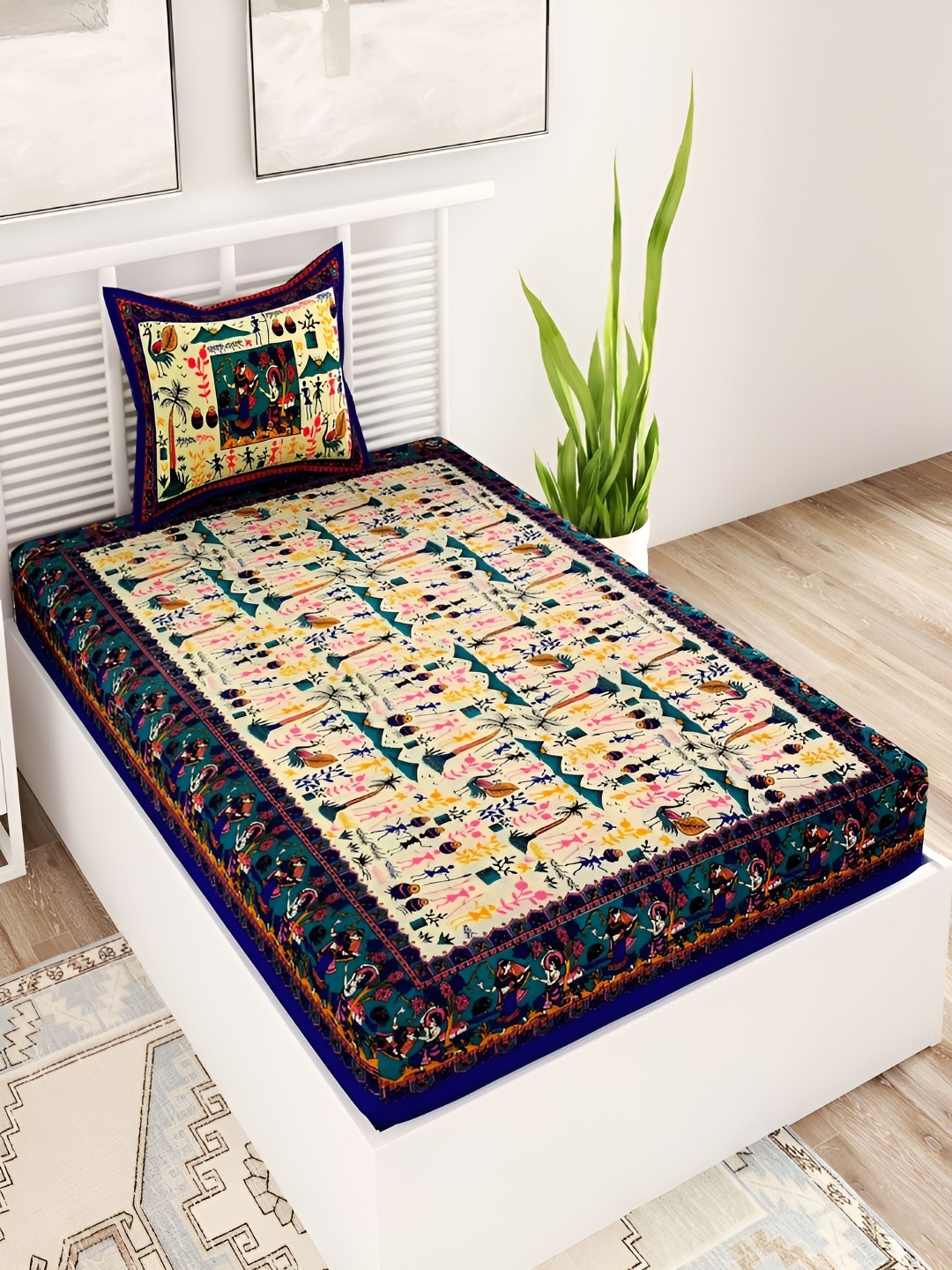 

Aura Blue & Cream-Coloured Floral 120 TC Single Bedsheet With Pillow Cover