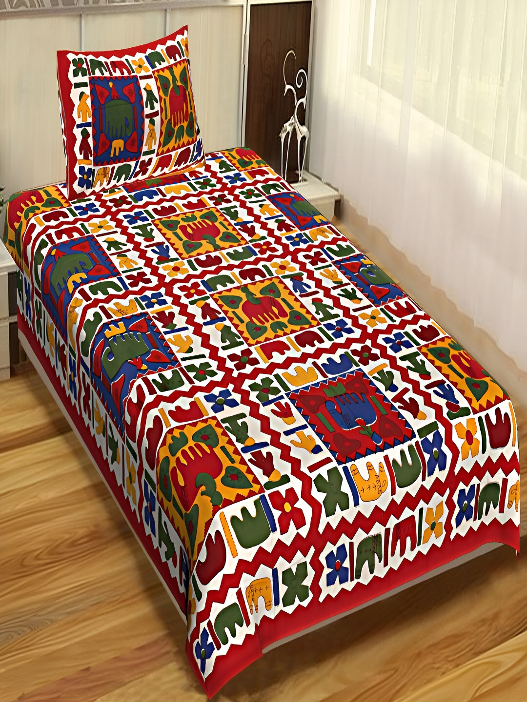 

Aura Red & Blue Geometric Cotton 120 TC Single Bedsheet with 2 Pillow Covers