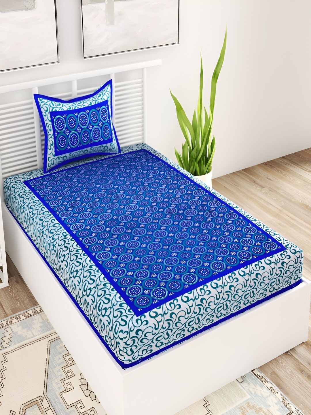 

Aura Blue & White Floral Printed 120 TC Pure Cotton Single Bedsheet With Pillow Cover