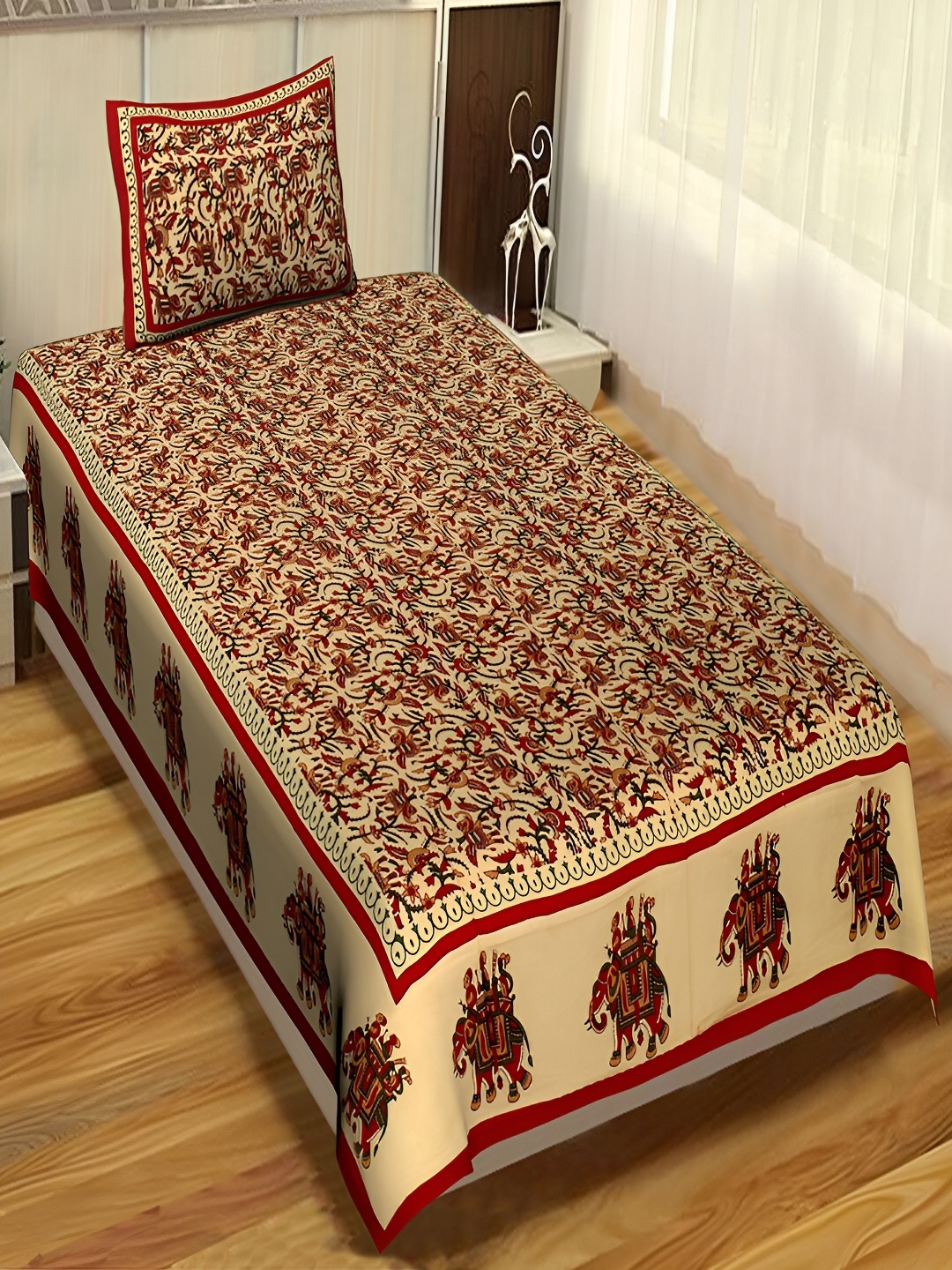 

Aura Red & Beige Ethnic Motifs Cotton 120 TC Single Bedsheet with 2 Pillow Covers