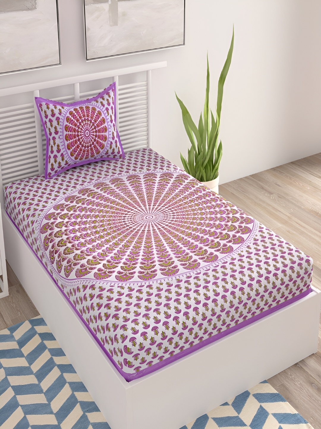 

Aura Purple & White Ethnic Motifs Cotton 120 TC Single Bedsheet with 2 Pillow Covers