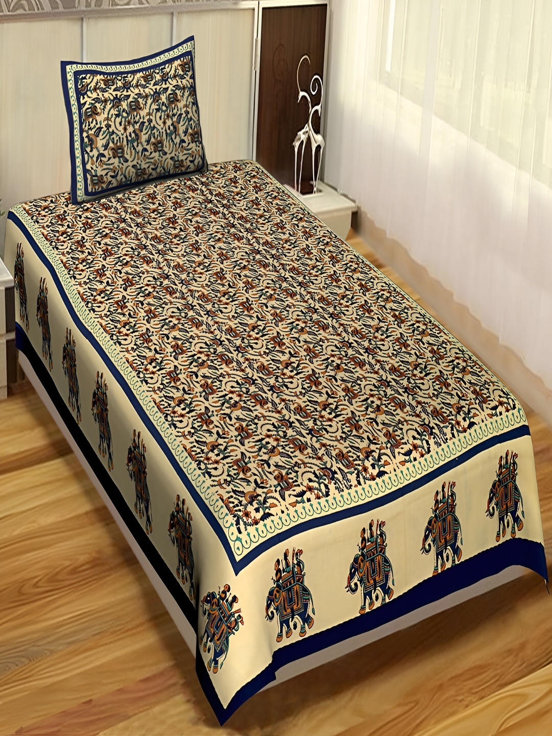 

Aura Blue & Beige Floral 120 TC Single Bedsheet With 2 Pillow Covers