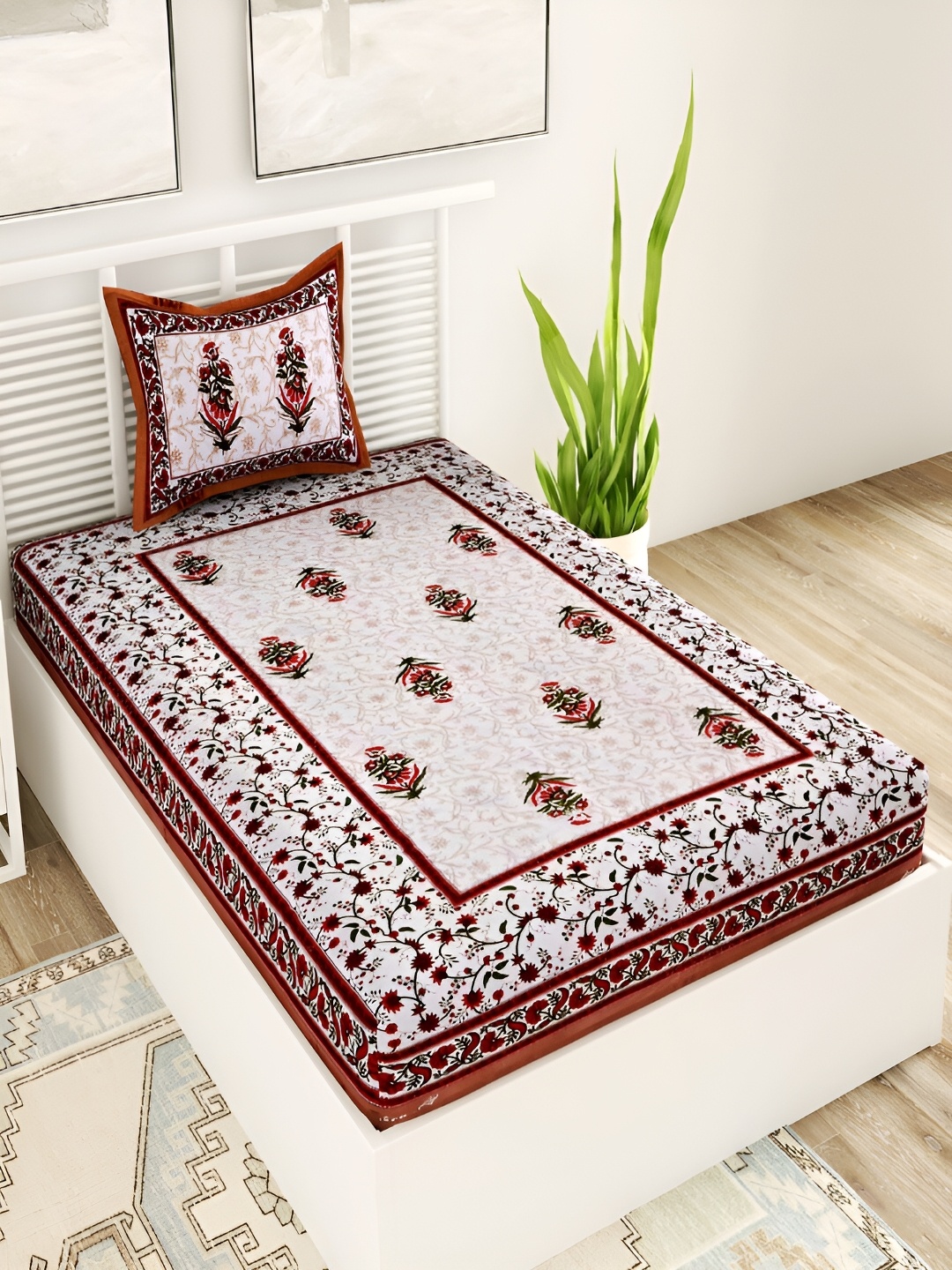 

Aura White & Maroon Floral 120 TC Cotton Single Bedsheet with 1 Pillow Covers