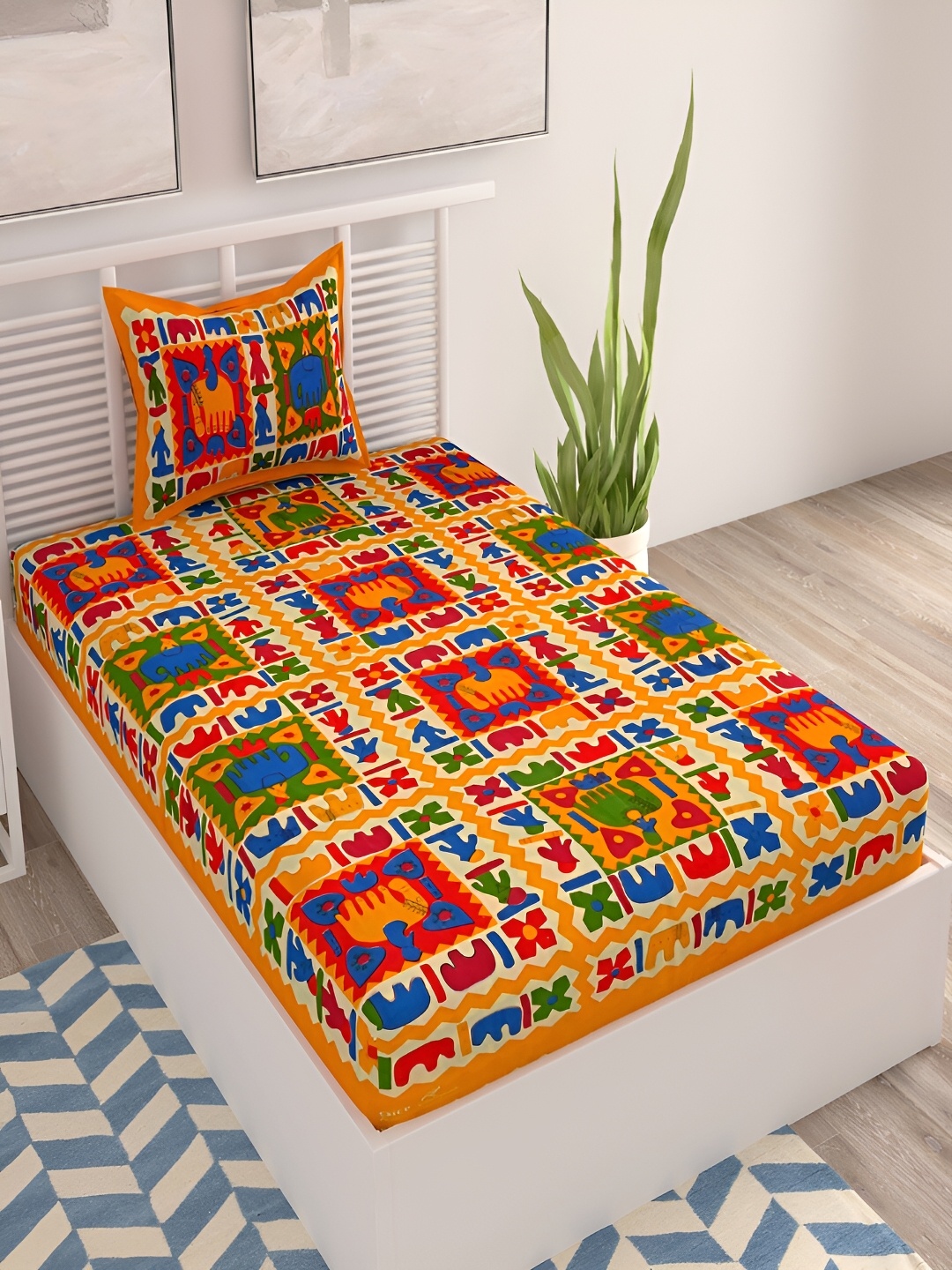 

Aura Yellow & Green Ethnic Motifs Cotton 120 TC Single Bedsheet With 2 Pillow Covers