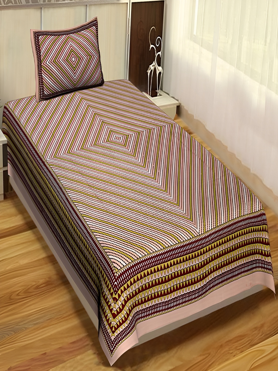 

Aura Brown & Green Geometric 120 TC Single Bedsheet with 2 Pillow Covers