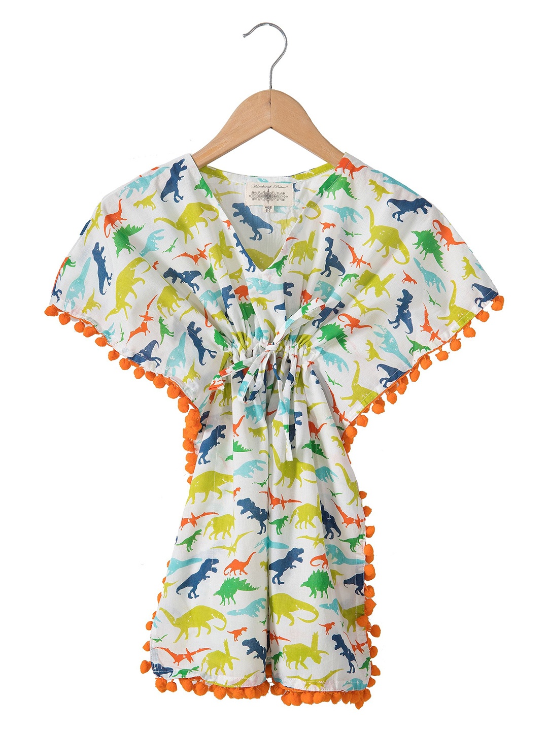 

HANDICRAFT PALACE Floral Print with Pom-Pom Detail Kaftan Dress, White