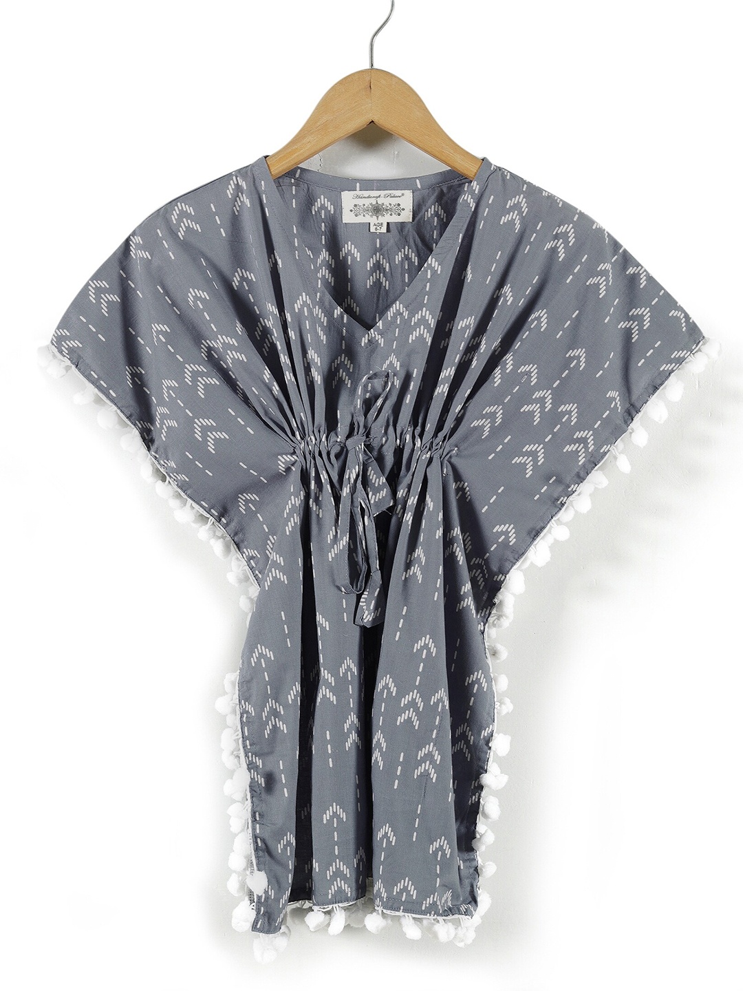 

HANDICRAFT PALACE Kimono Sleeve with Pom-Pom Detail Kaftan Dress, Grey