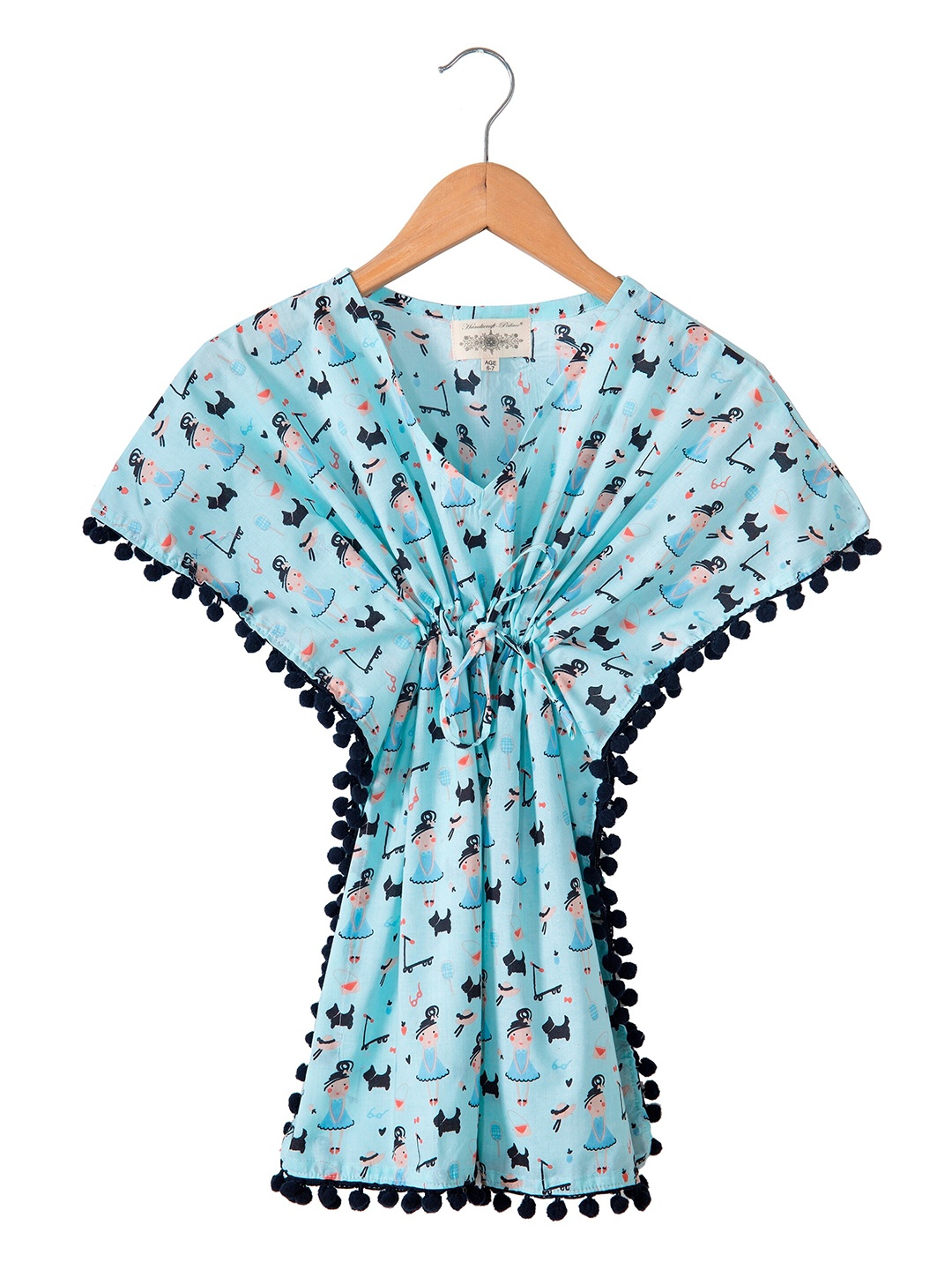 

HANDICRAFT PALACE Floral Print with Pom-Pom Detail Fit & Flare Dress, Blue