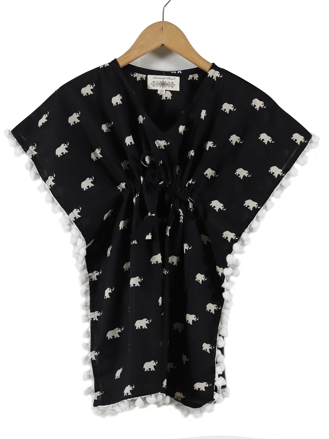 

HANDICRAFT PALACE Floral Print Kimono Sleeve with Pom-Pom Detail Kaftan Dress, Black