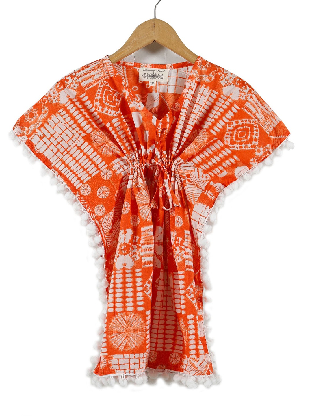

HANDICRAFT PALACE Print Kimono Sleeve with Pom-Pom Detail Kaftan Dress, Orange