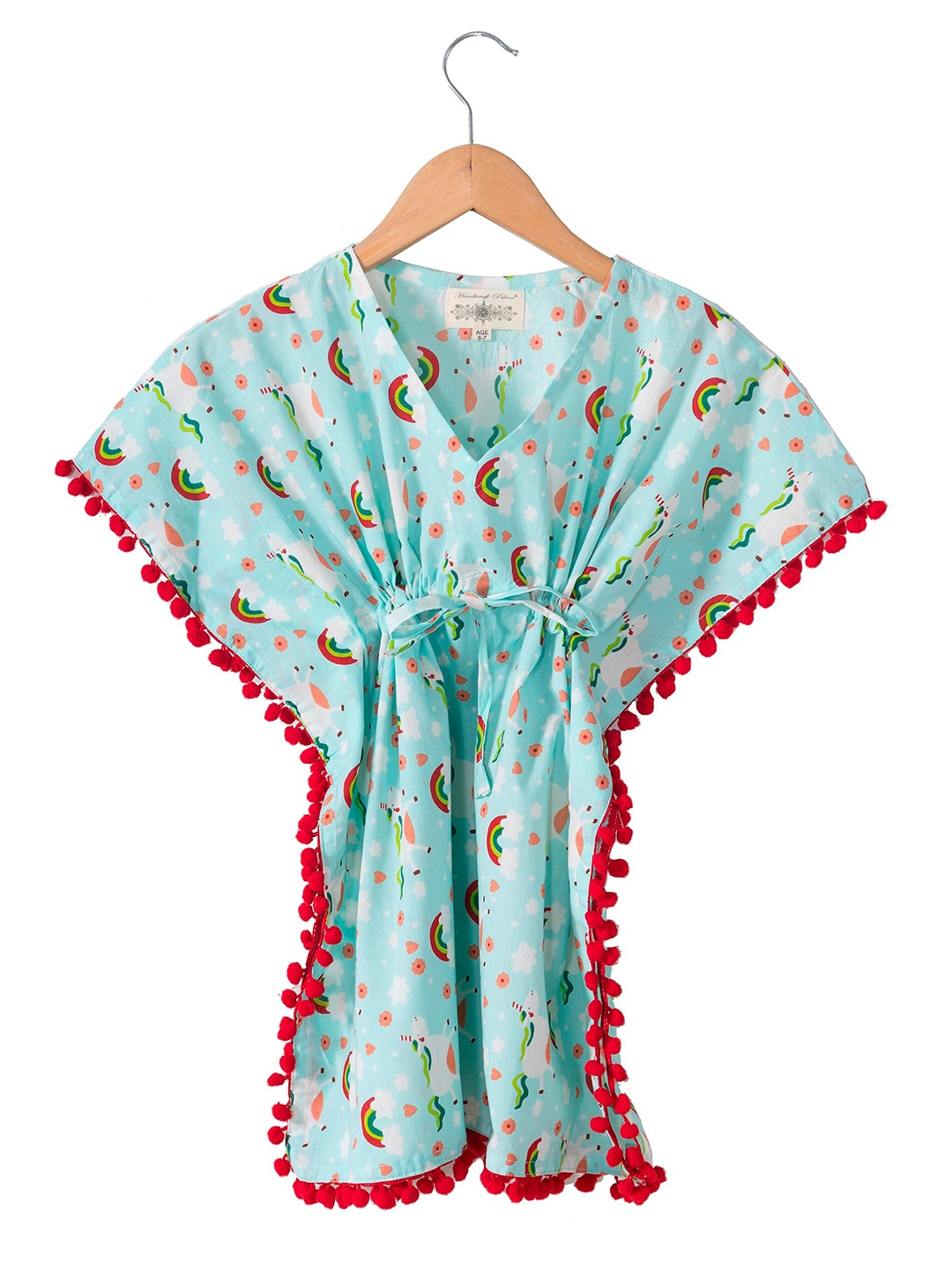 

HANDICRAFT PALACE Floral Print Kimono Sleeve with Pom-Pom Detail Kaftan Dress, Blue