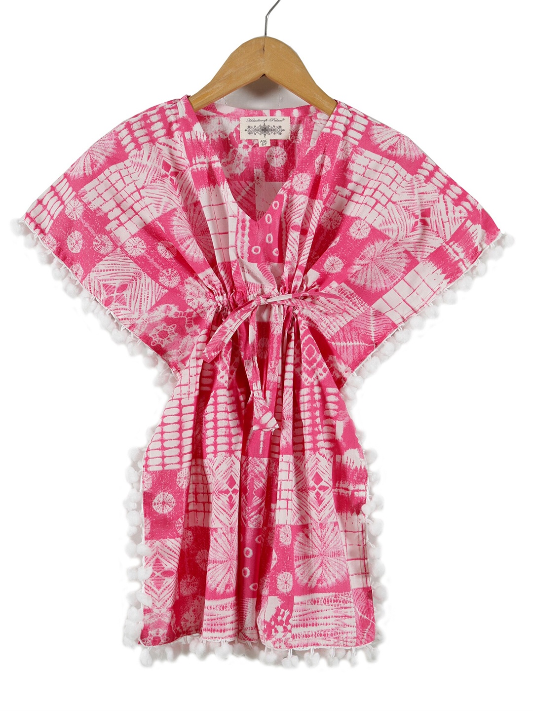 

HANDICRAFT PALACE Floral Print Kimono Sleeve with Pom-Pom Detail Kaftan Dress, Pink