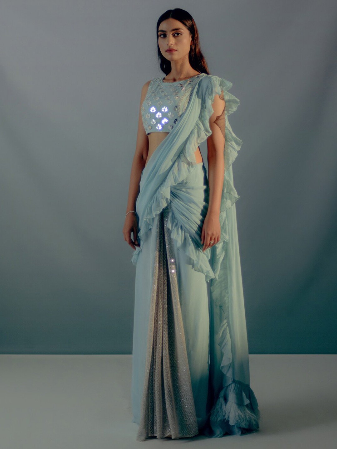 

Aaryaa By Kashveen Kohli Ethnic Motifs Sequinned Organza Saree With Blouse, Blue