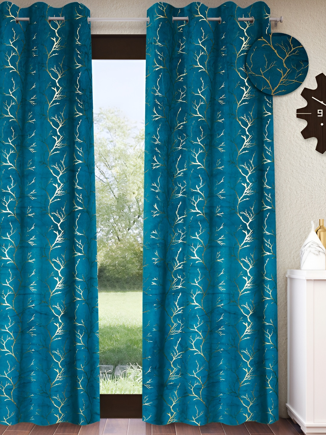 

Home Sizzler Sea Green & Brown Self Design Velvet Room Darkening Door Curtain