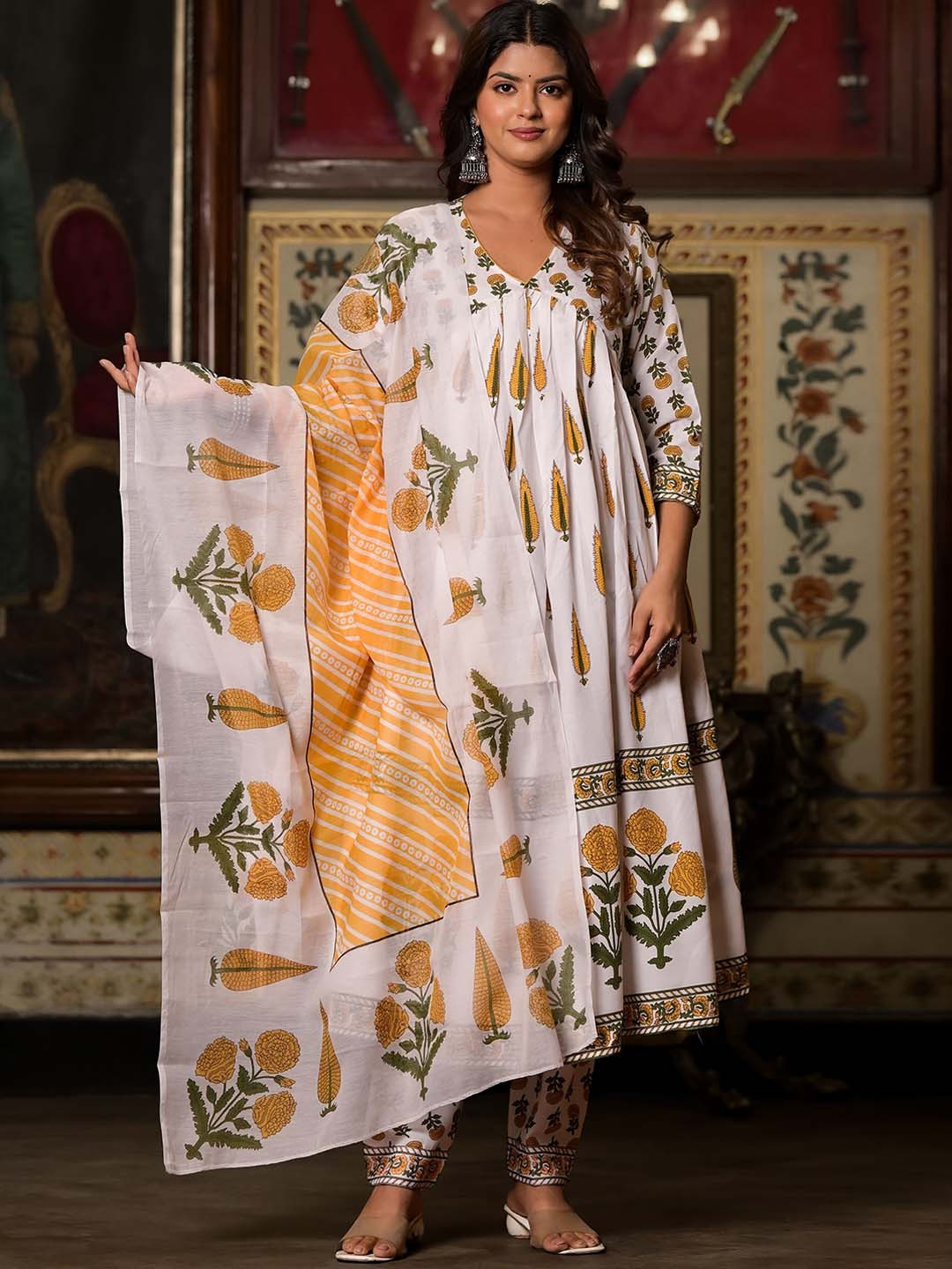 

KALINI Women Floral Printed Regular Thread Work Kurta with Trousers & With Dupatta, White
