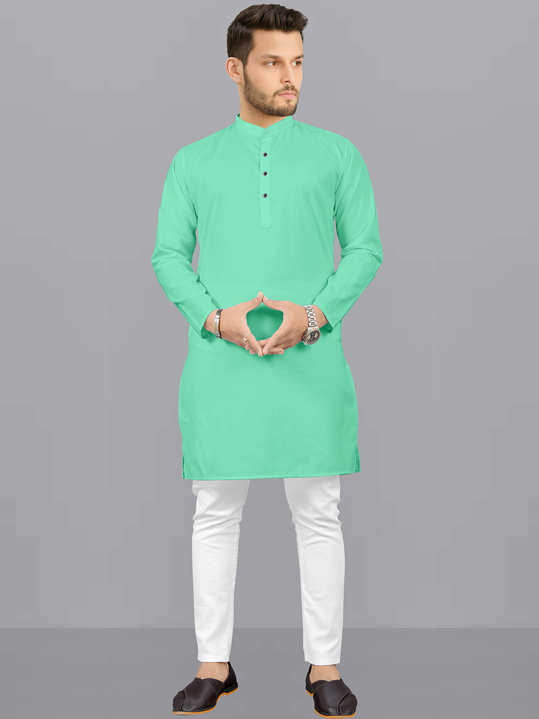 

Fashion FRICKS Mandarin Collar Regular Kurta with Pyjamas, Sea green