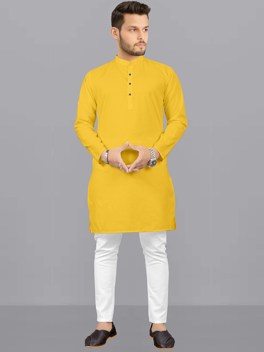 

Fashion FRICKS Mandarin Collar Long Sleeves Kurta with Pyjamas, Yellow