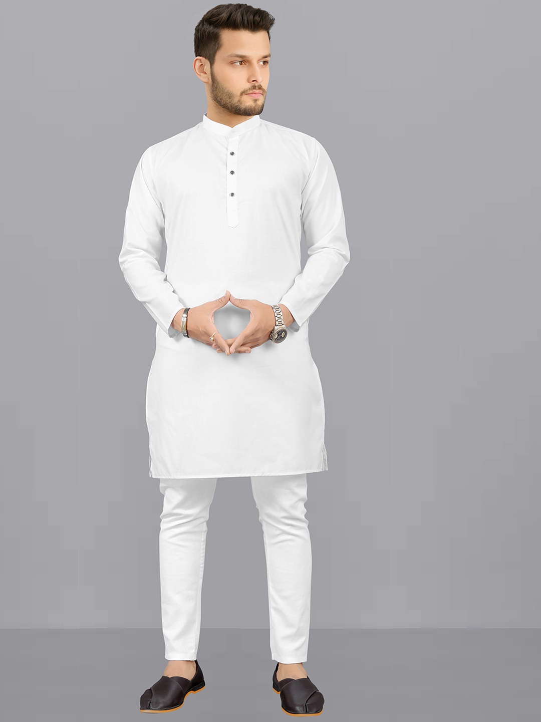 

Fashion FRICKS Mandarin Collar Straight Kurta With Pyjama, White