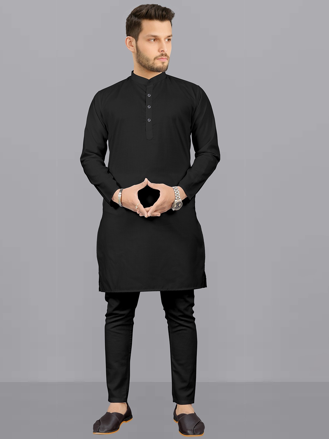 

Fashion FRICKS Mandarin Collar Straight Kurta With Pyjama, Black