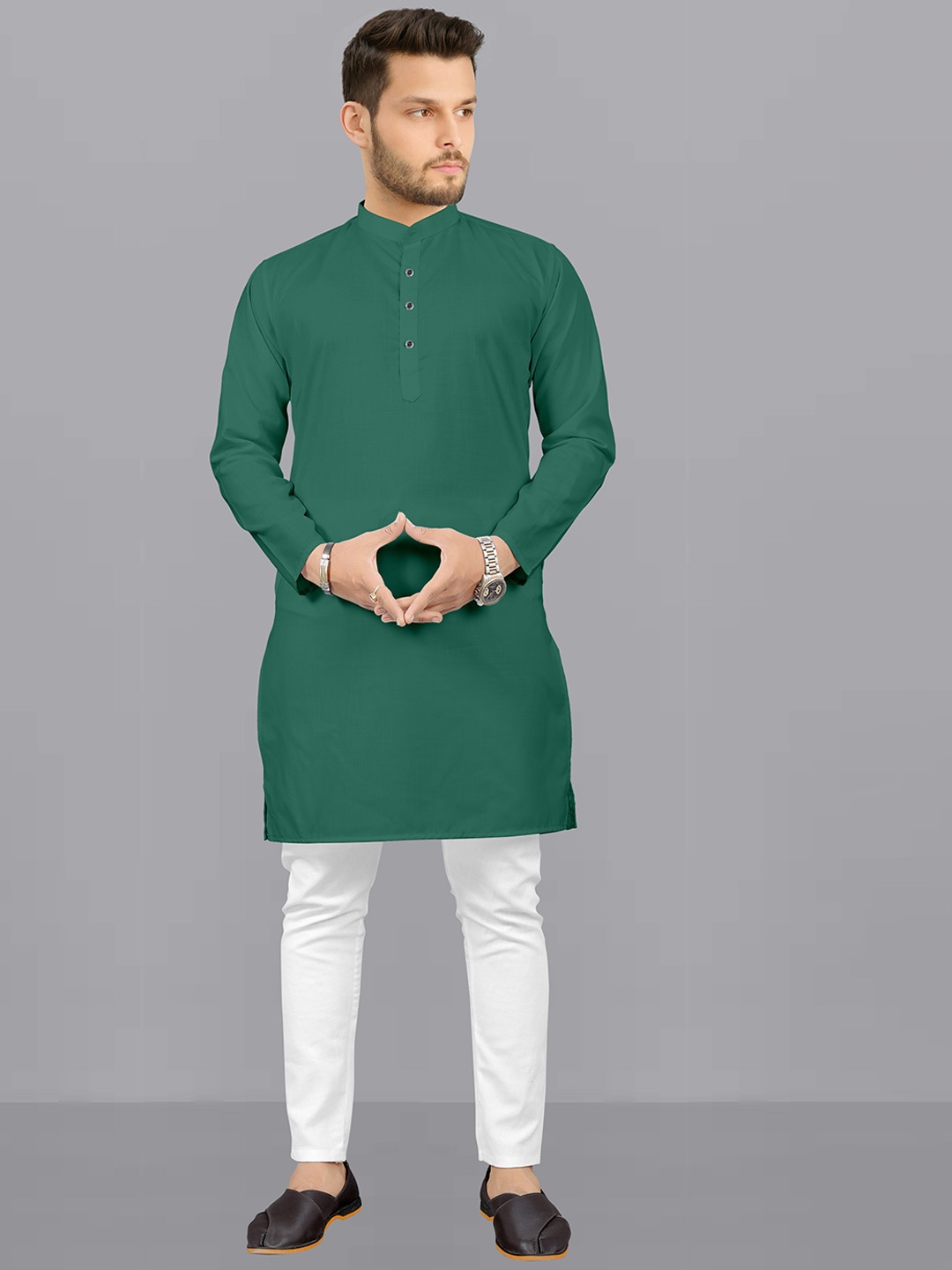 

Fashion FRICKS Mandarin Collar Long Sleeves Kurta with Pyjamas, Green