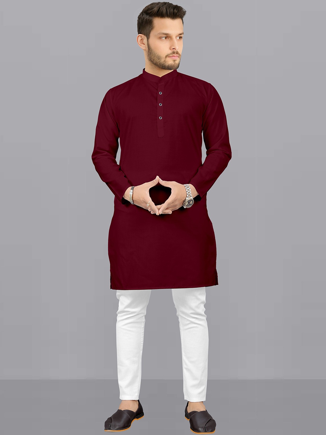 

Fashion FRICKS Mandarin Collar Long Sleeves Kurta Sets, Maroon