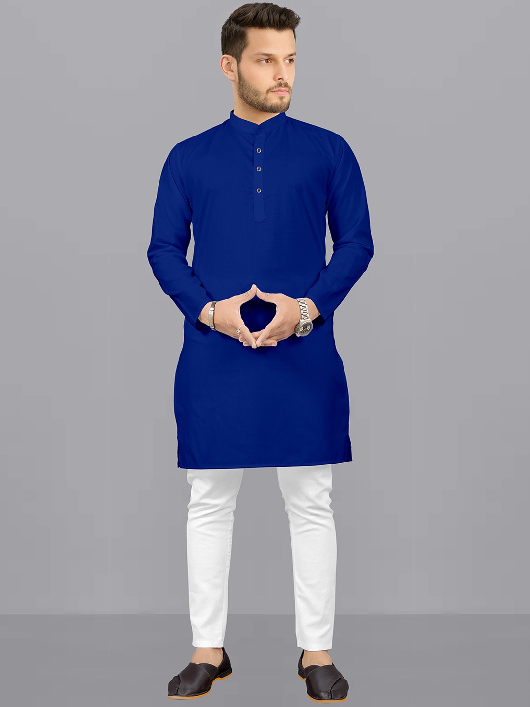 

Fashion FRICKS Mandarin Collar Straight Kurta With Pyjama, Blue