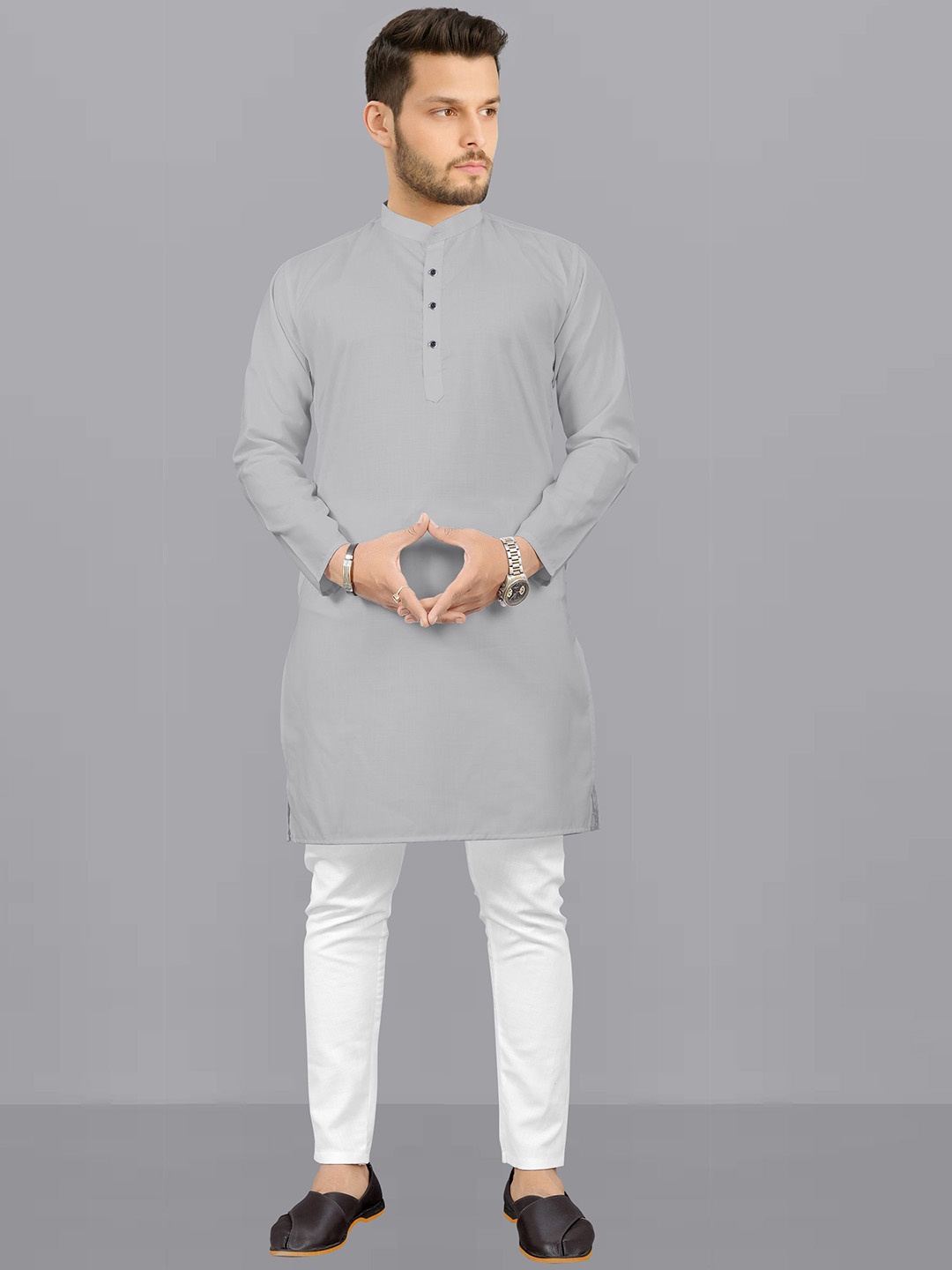 

Fashion FRICKS Mandarin Collar Regular Kurta with Pyjamas, Grey