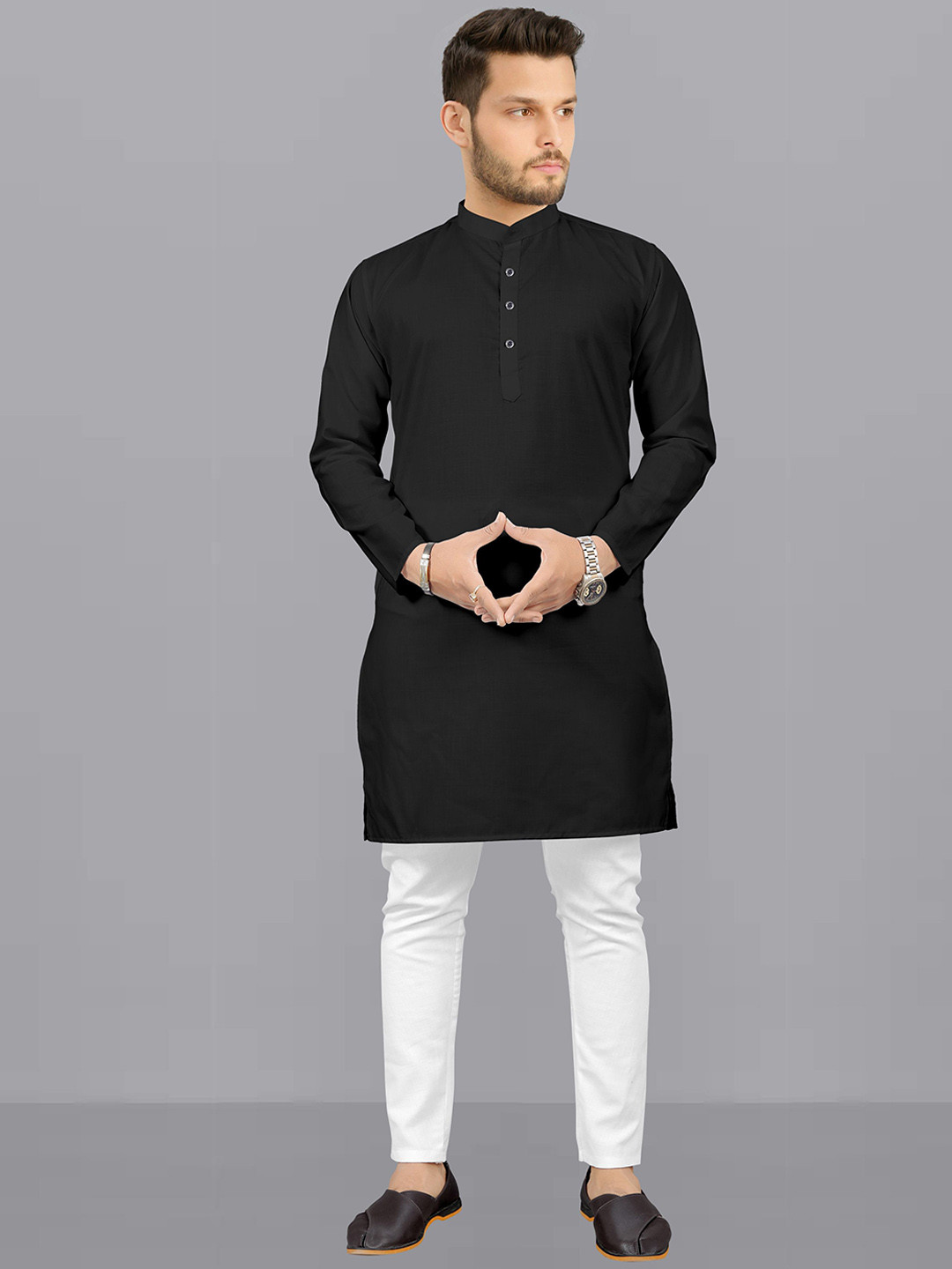 

Fashion FRICKS Mandarin Collar Straight Kurta with Pyjamas, Black