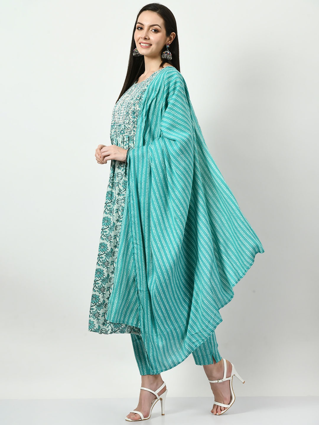 

AnjuShree Choice Floral Embroidered Pleated Straight Kurta With Trousers & Dupatta, Blue