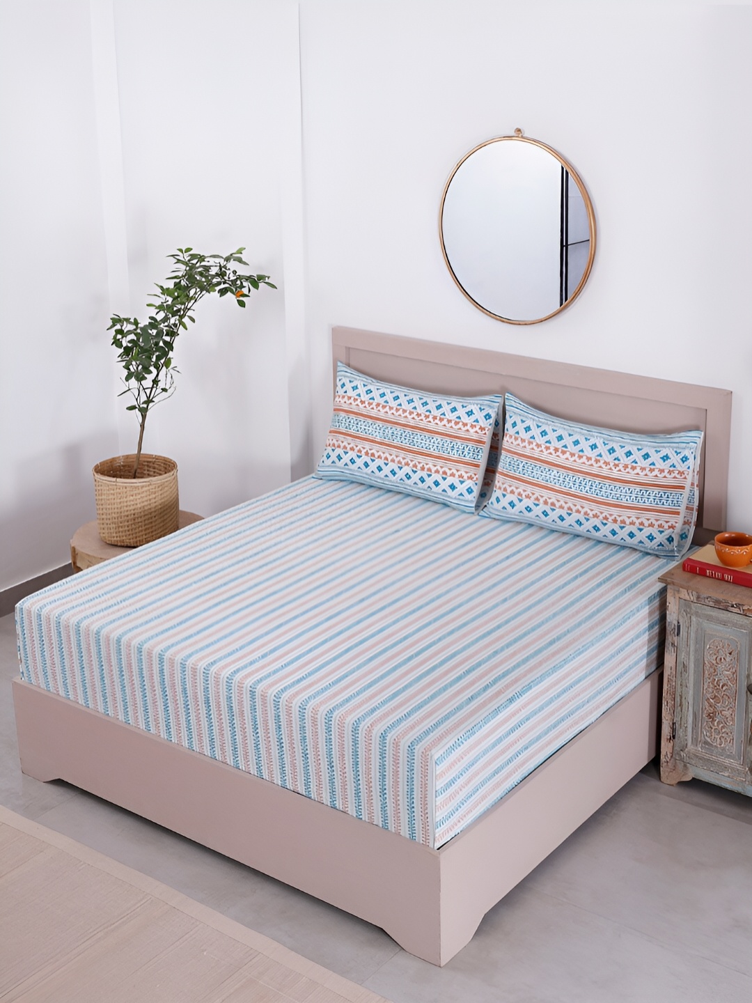 House of Pataudi Blue Striped 130 TC Cotton King Bedsheet & 2 Pillow Cover