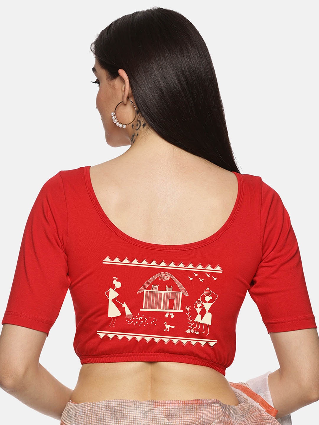 

NOT YET by us Women Printed Round Neck Saree Blouse, Red