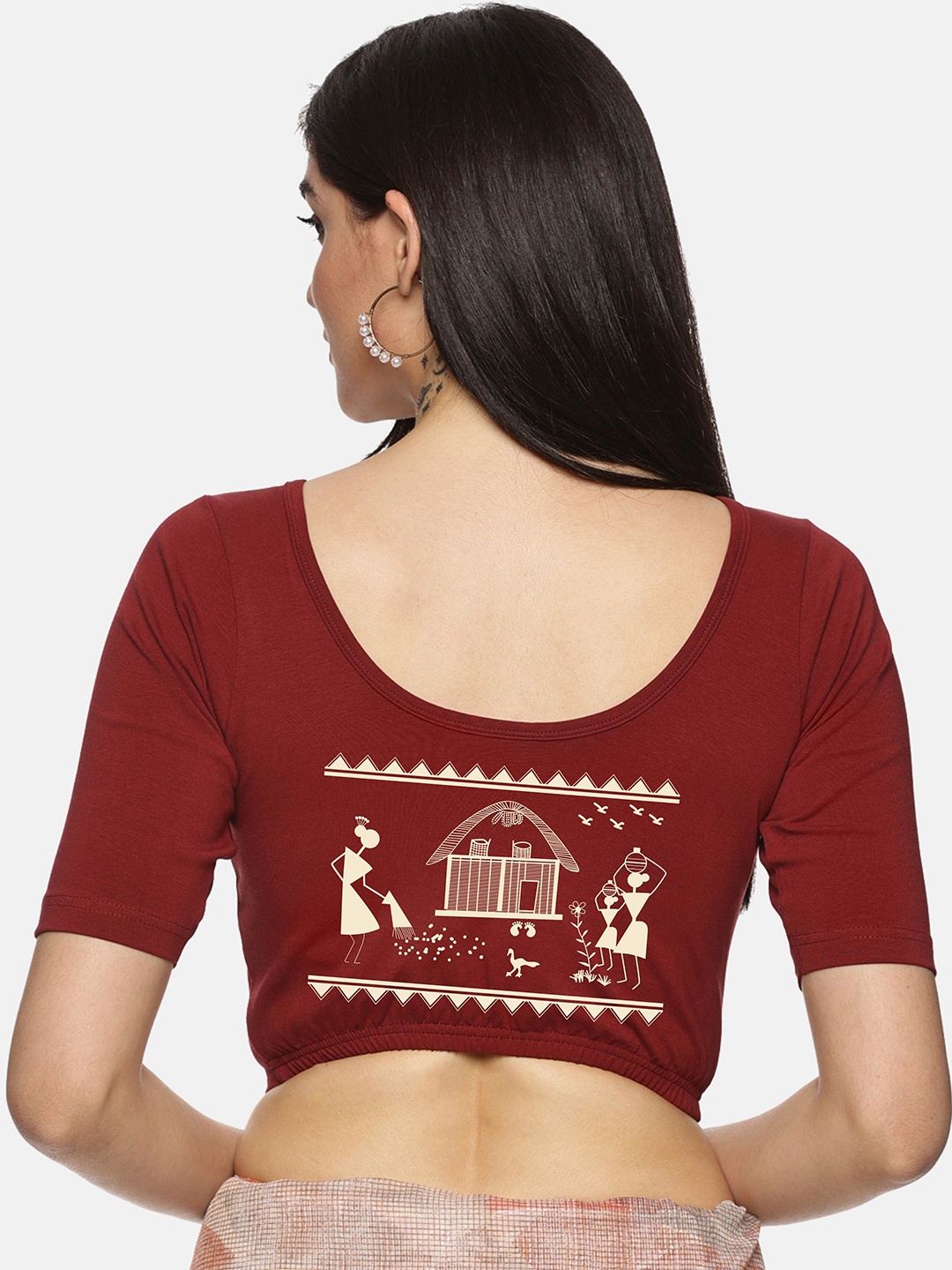 

NOT YET by us Printed Round-Neck Short Sleeve Saree Blouse, Maroon