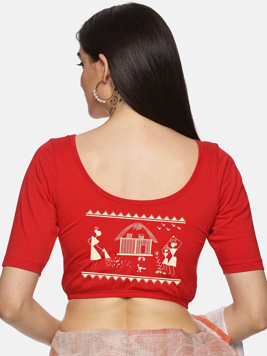 

NOT YET by us Printed Round-Neck Short Sleeve Saree Blouse, Red