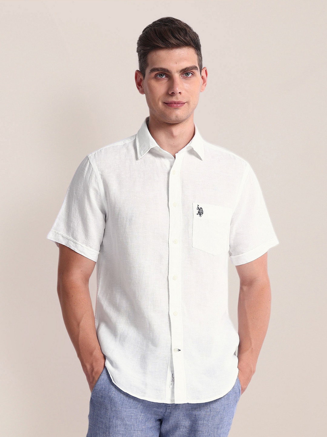 

U.S. Polo Assn. Spread Collar Short Sleeves Linen Casual Shirt, White