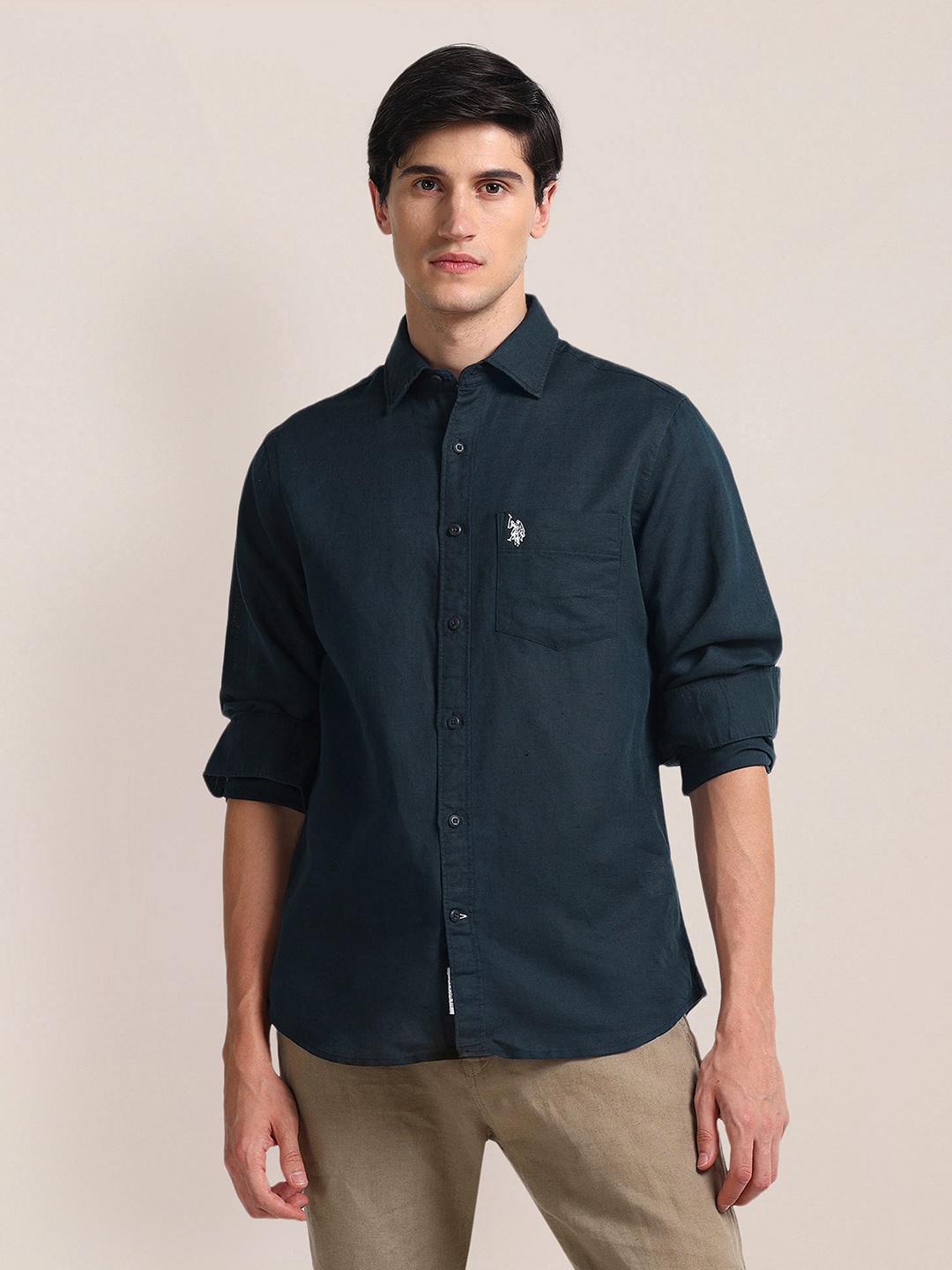 

U.S. Polo Assn. Spread Collar Long Sleeves Linen Casual Shirt, Blue