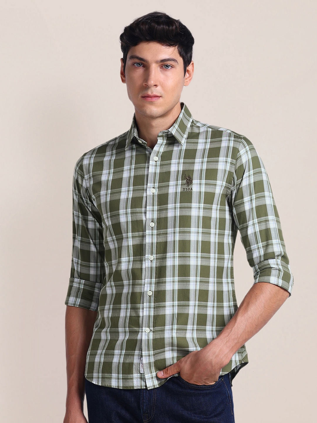 

U.S. Polo Assn. Spread Collar Tartan Checks Opaque Cotton Casual Shirt, Green