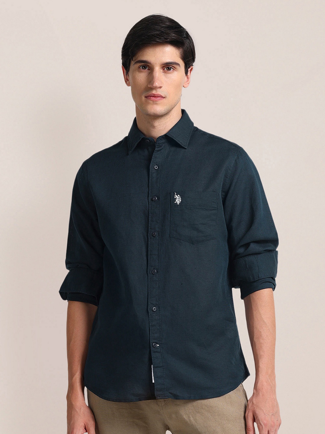 

U.S. Polo Assn. Spread Collar Linen Casual Shirt, Blue