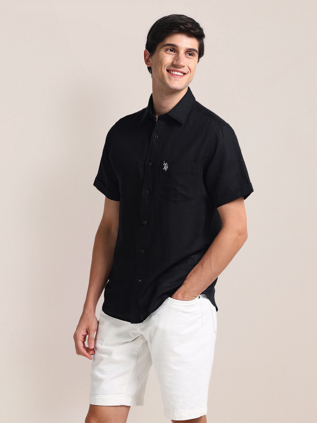 

U.S. Polo Assn. Spread Collar Tailored Fit Linen Shirt, Black